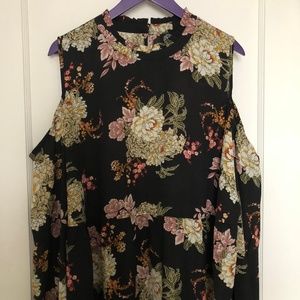 Cold Shoulder, High Neck Floral Blouse
